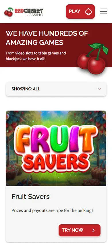 Red Cherry Casino games screen on a mobile device