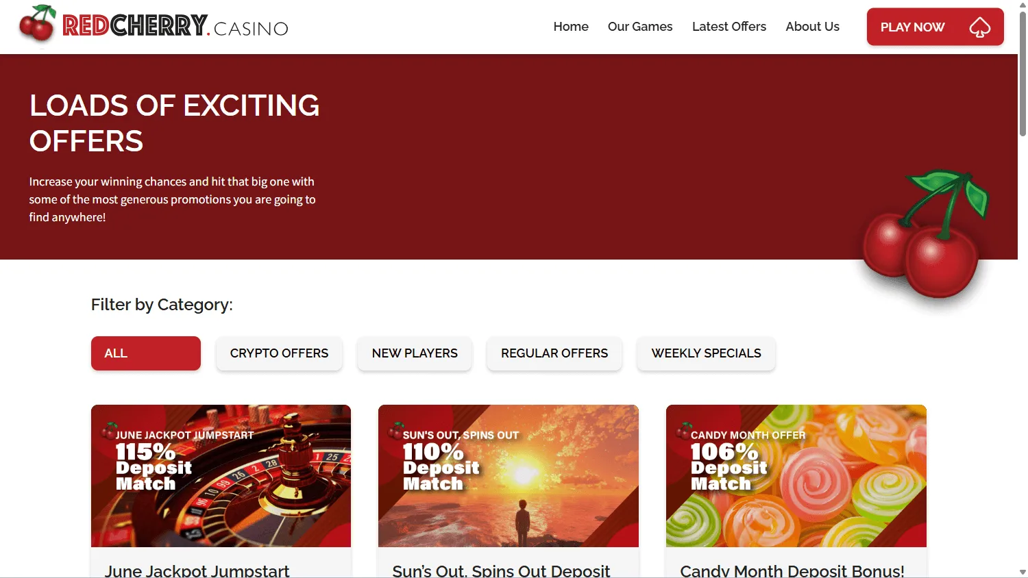 Red Cherry Casino promotions screen on desktop